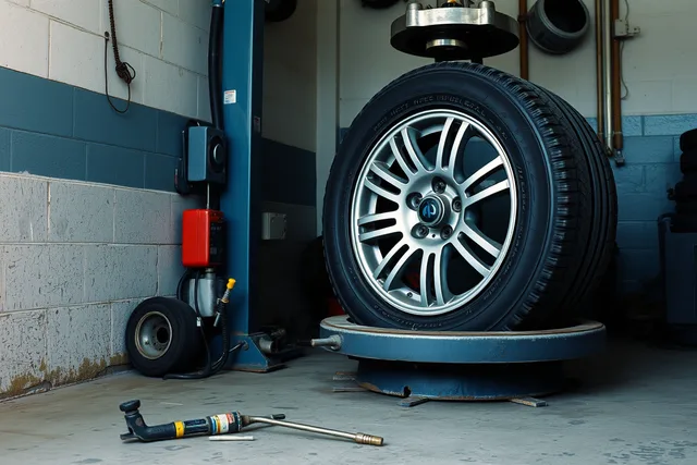 Tire changer machine mounting an alloy wheel in a shop bay. Tire shop equipment rated on what actually matters