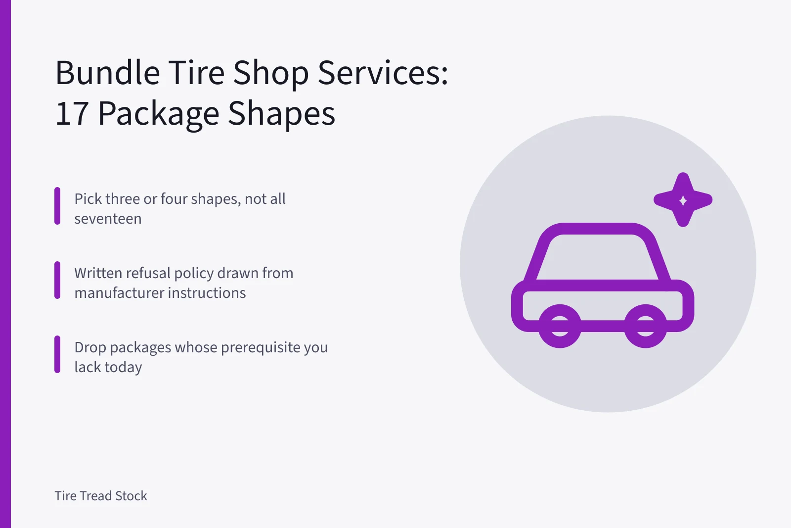 Card listing tire shop service package shapes and their prerequisites. How to bundle tire shop services in 2027