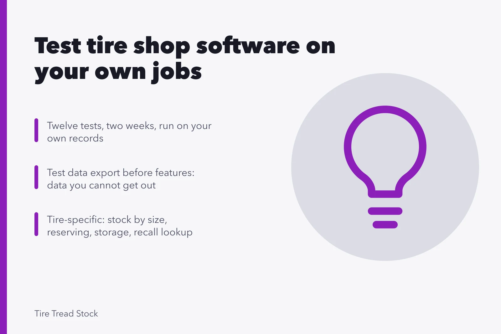 Card listing twelve tests to trial tire shop software on your own jobs. Tire shop software, reviewed without the sales pitch