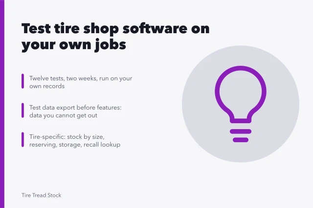 Card listing twelve tests to trial tire shop software on your own jobs. Tire shop software, reviewed without the sales pitch