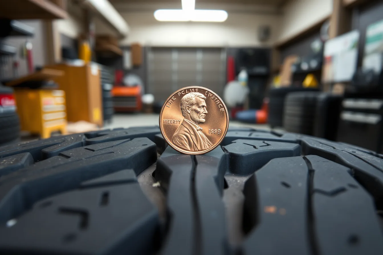 Penny placed head-down in a tire groove to measure tread depth. How to Measure Tire Tread Depth with a Penny (and When Not To)
