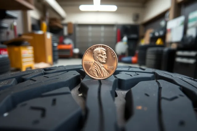 Penny placed head-down in a tire groove to measure tread depth. How to Measure Tire Tread Depth with a Penny (and When Not To)