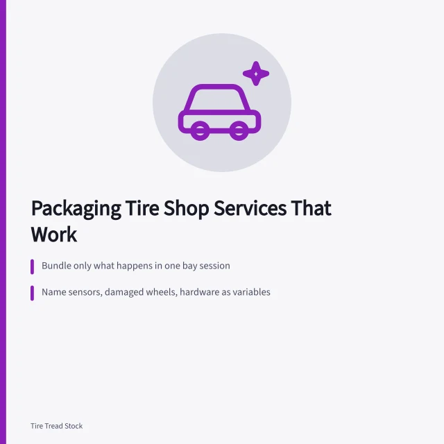 Card outlining tire shop package design rules and bundling criteria. What to put in a tire shop package for a small operation