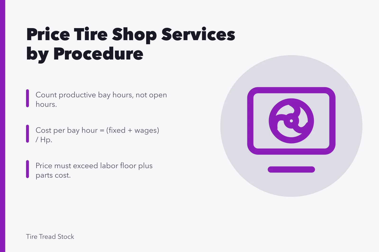 Card showing steps to price tire shop services profitably. Pricing tire shop services so the margin survives for new owners