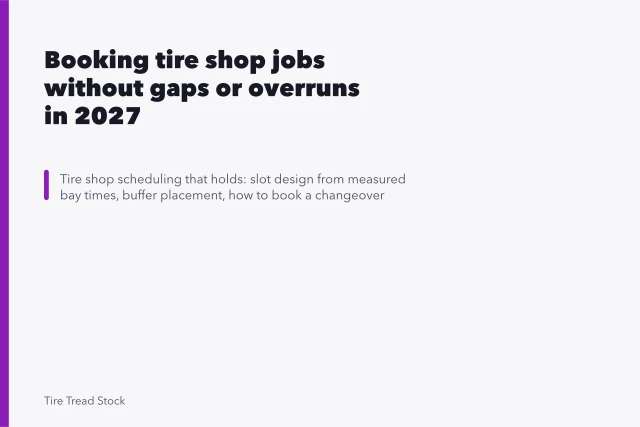Tire technician mounting a tire on a wheel with a tire changer in a shop bay. Booking tire shop jobs without gaps or overruns in 2027