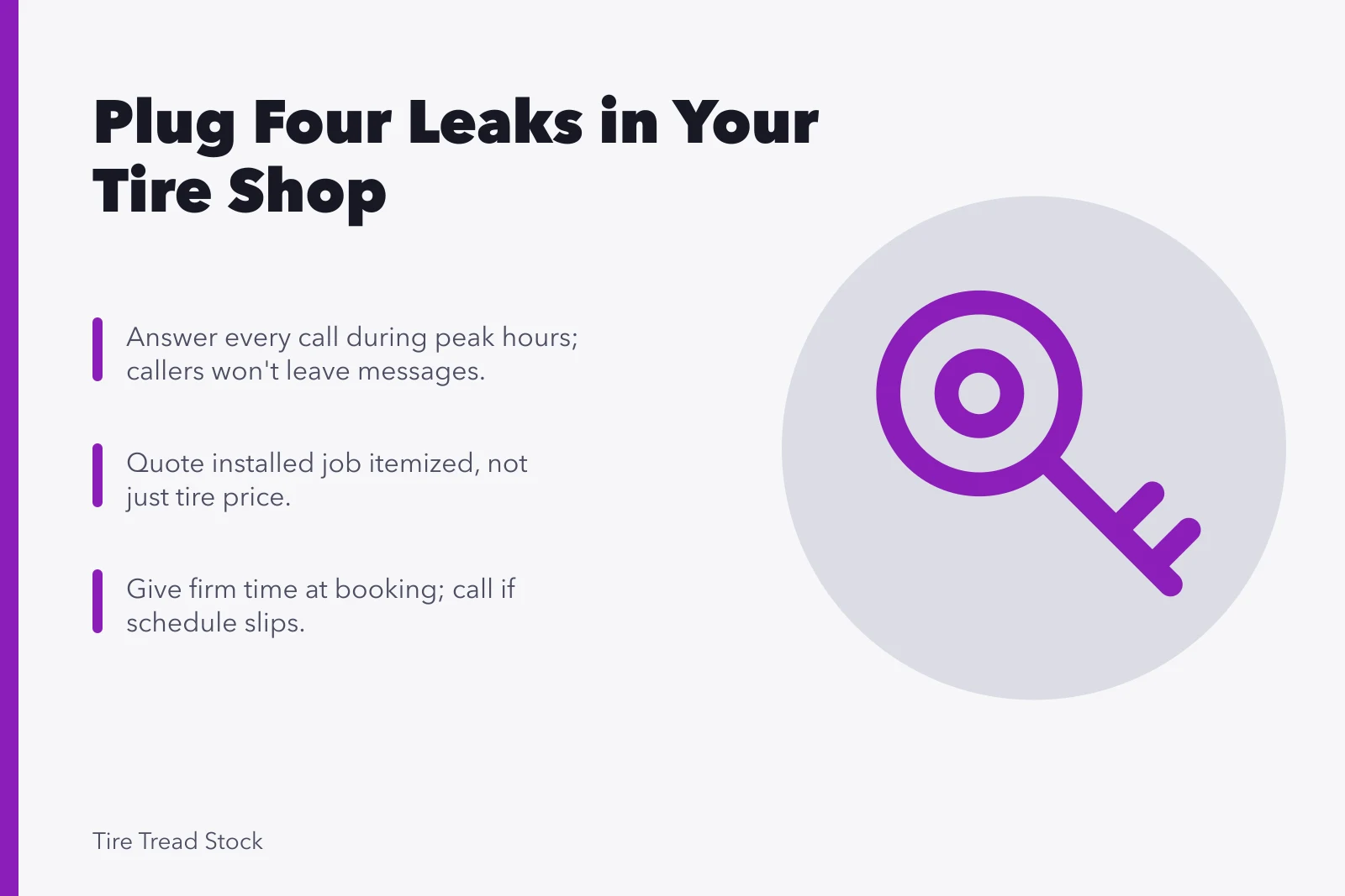 Card listing four customer leaks: phone, quote, wait, follow-up. How to plug the four leaks costing a tire shop new customers