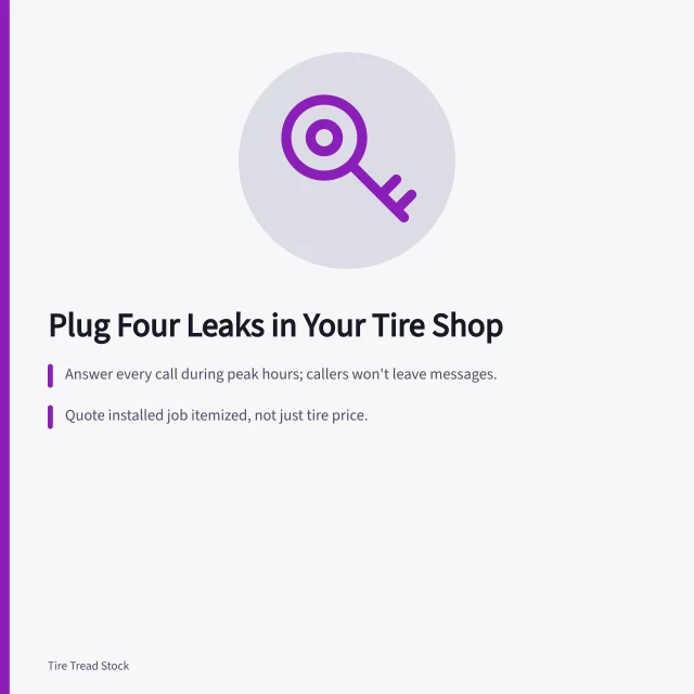 Card listing four customer leaks: phone, quote, wait, follow-up. How to plug the four leaks costing a tire shop new customers