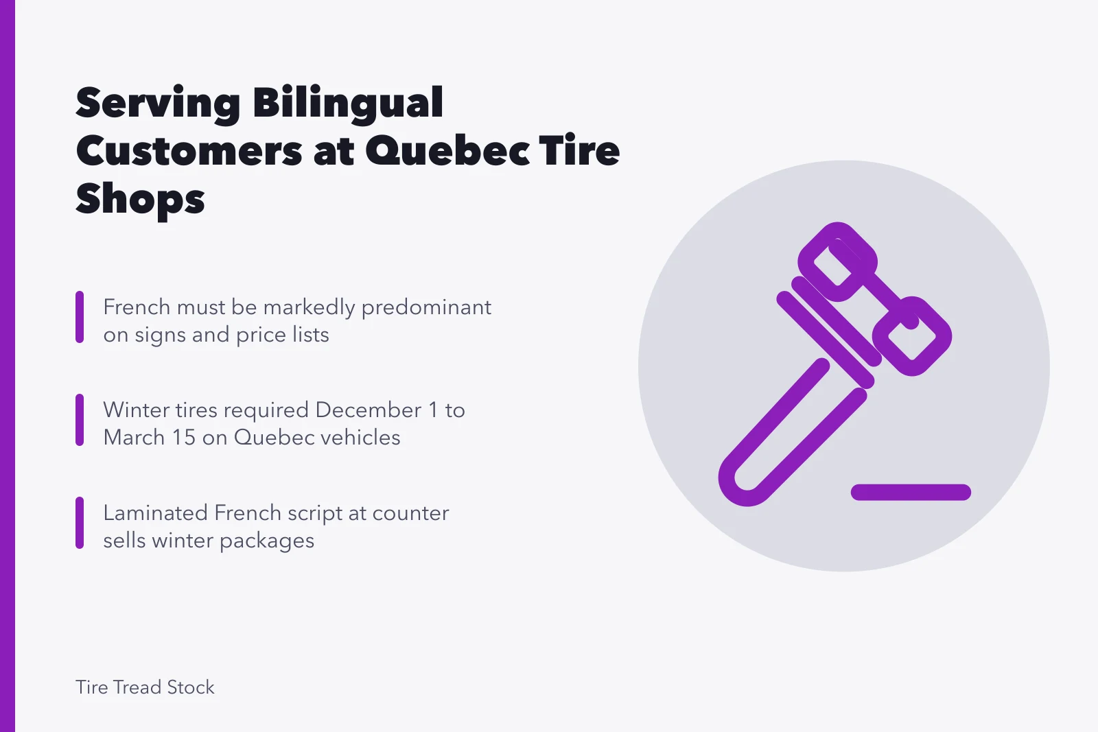 Card on Quebec tire shop bilingual service and winter tire rules. Serving bilingual and newcomer customers at tire shops in Quebec City