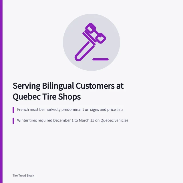 Card on Quebec tire shop bilingual service and winter tire rules. Serving bilingual and newcomer customers at tire shops in Quebec City