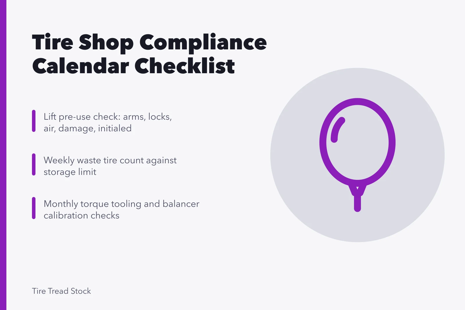 Compliance calendar checklist for tire shop daily, weekly and monthly tasks. Tire shop compliance checklist: every item, with the reason behind it
