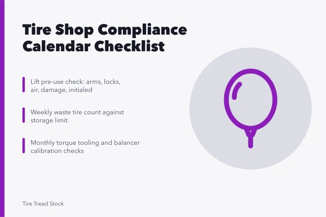 Compliance calendar checklist for tire shop daily, weekly and monthly tasks. Tire shop compliance checklist: every item, with the reason behind it