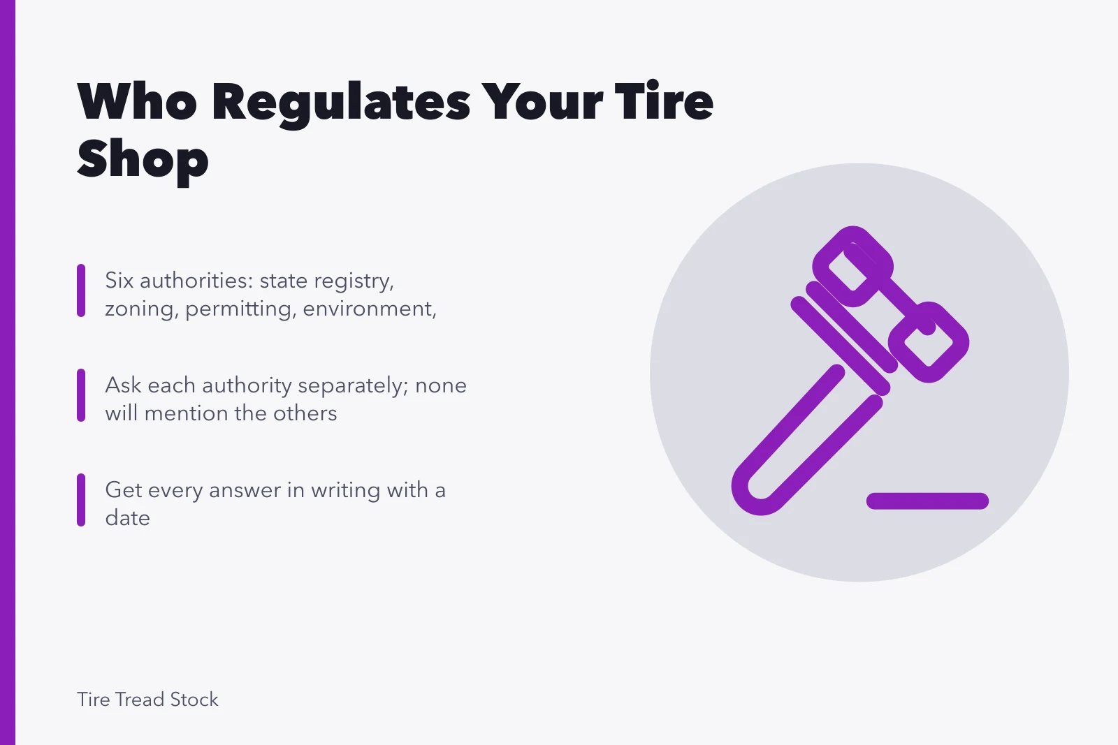 Card listing six authorities a tire shop must ask about licensing. What a tire shop needs to operate legally for owner-operators