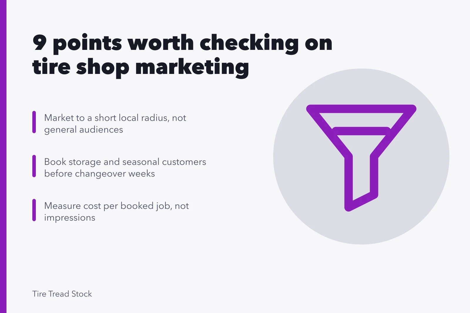 Tire shop marketing card with local demand and seasonal booking points. 9 points worth checking on tire shop marketing