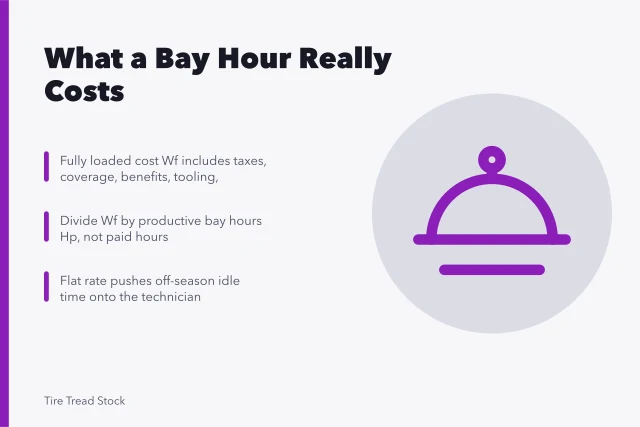 Card explaining tire shop labor cost per productive bay hour. Tire shop wages and the real cost of labour