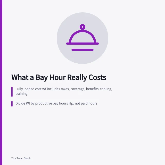 Card explaining tire shop labor cost per productive bay hour. Tire shop wages and the real cost of labour