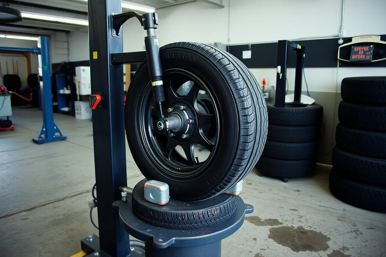 Tire mounting and balancing machine with a wheel clamped mid-balance in a shop bay. Tire shop plan: the parts worth your attention