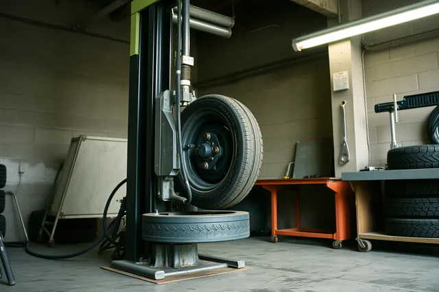 Tire changer machine gripping a tire in a shop bay. The margin math behind a tire shop for 2027