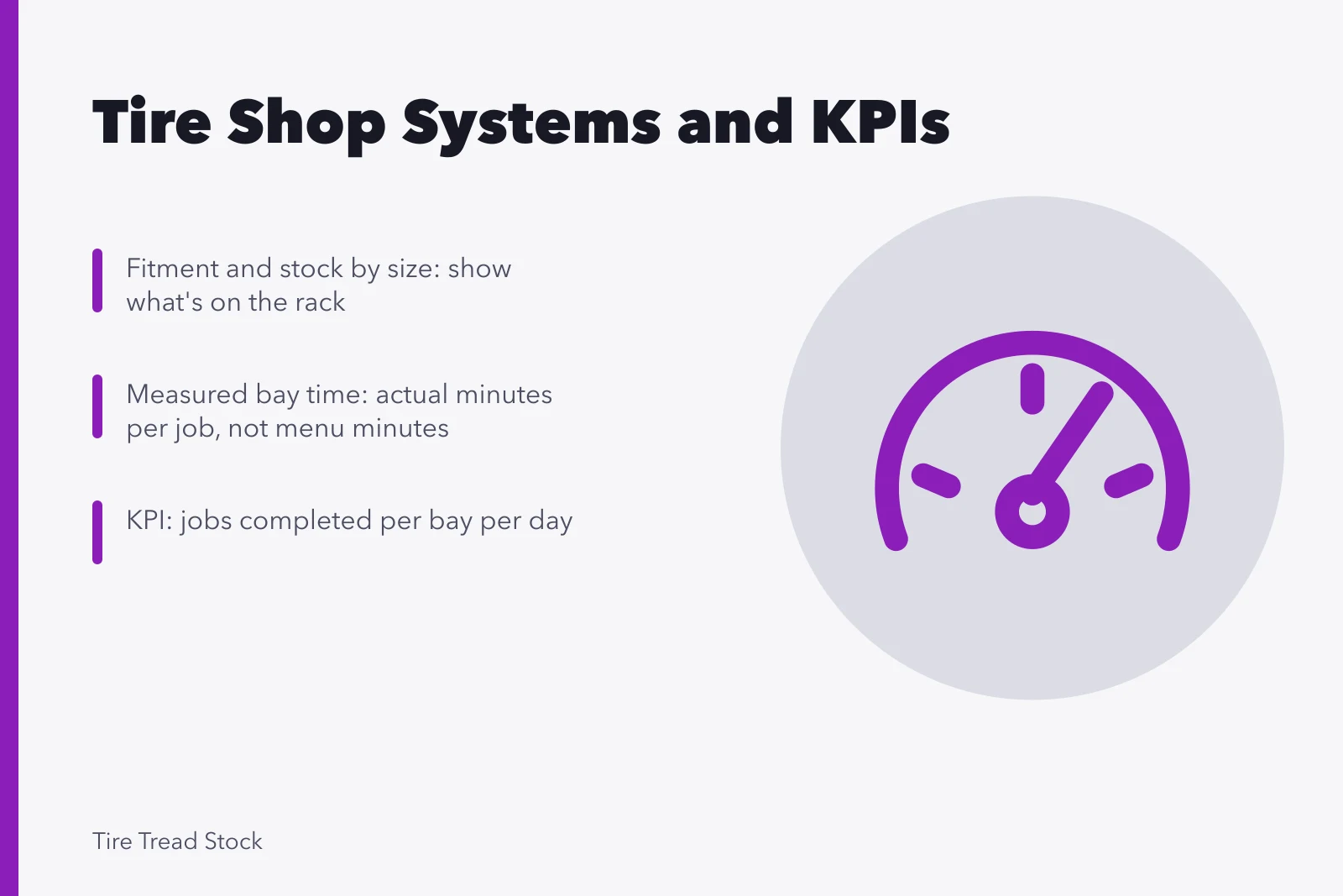 Tire shop systems and KPIs card with fitment, bay time, and jobs per bay. Tire shop systems and KPIs for owners in 2027