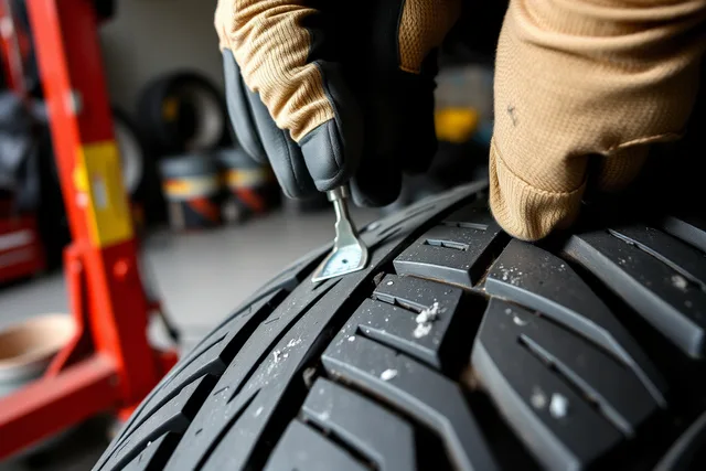 Tread depth gauge measuring worn tire grooves in a tire shop. Tire Tread Depth and Stopping Distance: What NHTSA Tests Actually Show
