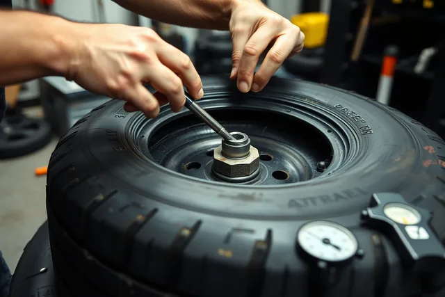 Technician installing internal patch plug on demounted tire in shop bay. Tire Tread Repair vs Replace: A Shop Owner’s Decision Guide