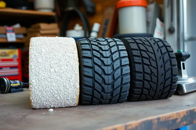 Three tire tread rubber compound samples compared on a shop bench. Tire Tread Rubber Compounds: All-Season vs Winter vs Summer Compared