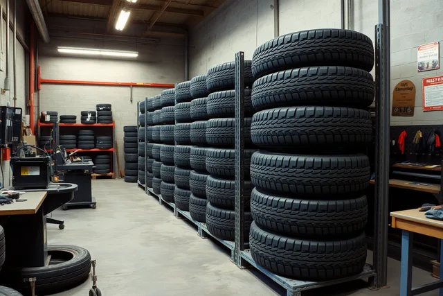 Stacked unmounted passenger tires on a rack in a tire shop bay. Tire Tread Stock Inventory: How Many Tires Should a Shop Keep per Bay?