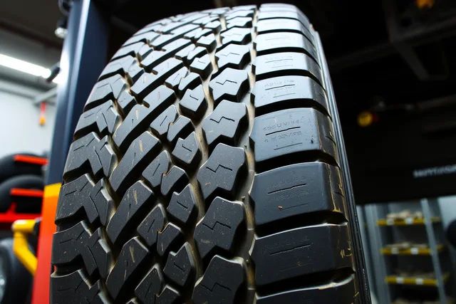 Worn tire on shop lift showing cupping, feathering and inner edge wear. Tire Tread Wear Patterns: What Causes Inner Edge, Cupping, and Feathering?