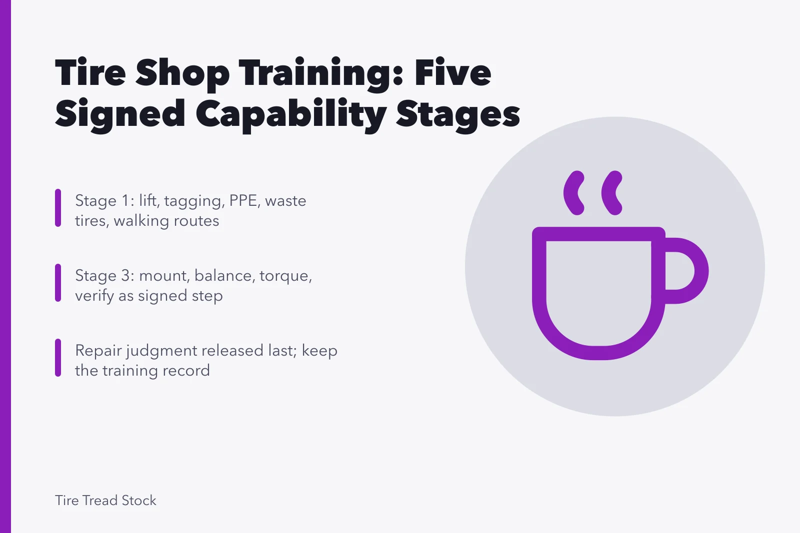 Checklist of five signed tire shop training stages with demonstrations. Tire shop staff training, as a checklist