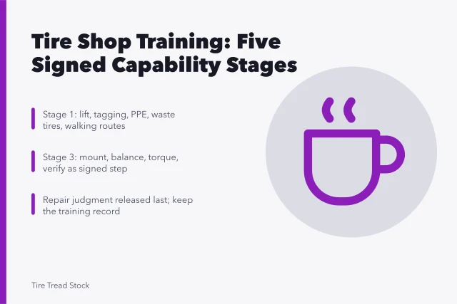 Checklist of five signed tire shop training stages with demonstrations. Tire shop staff training, as a checklist
