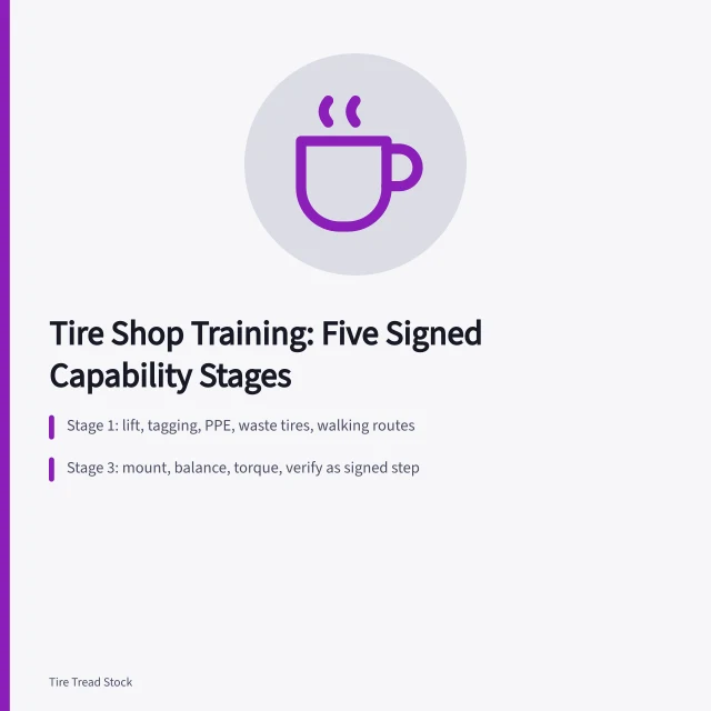 Checklist of five signed tire shop training stages with demonstrations. Tire shop staff training, as a checklist