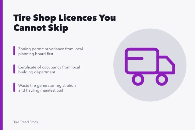 Checklist of tire shop licences from zoning to waste tire registration. Which licences a tire shop cannot skip for owner-operators